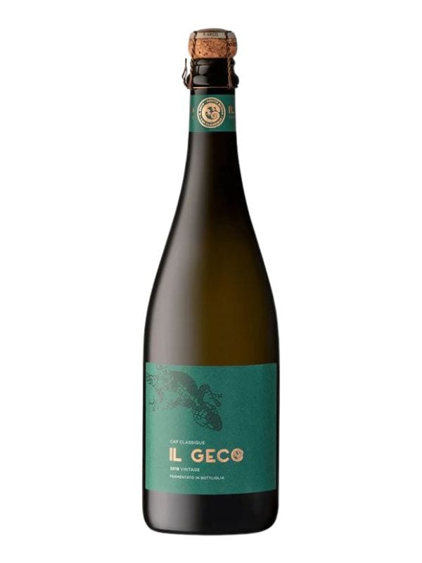 Bottle of sparkling wine, Il Geco Cap Classique, a refined blend. In front of a white background.